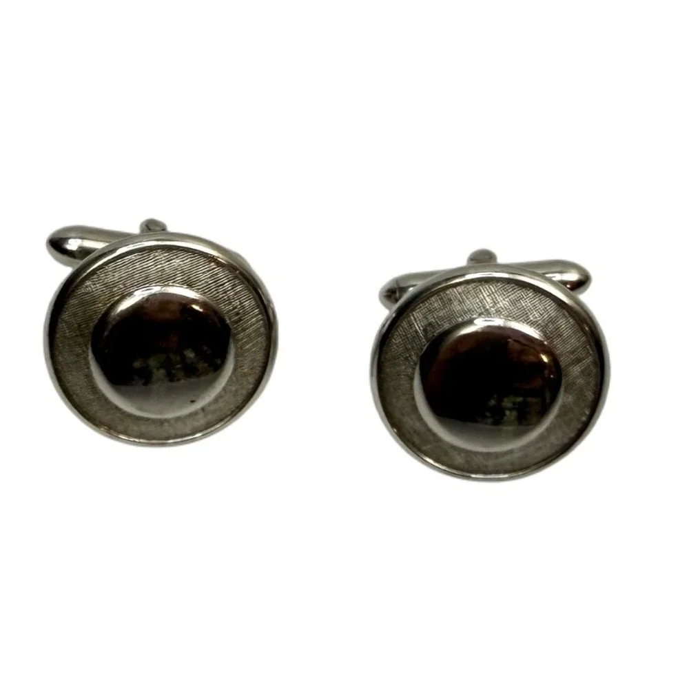 Vintage Silver Tone Round Textured Cufflinks Mens Formal Occasion Jewelry 1 in